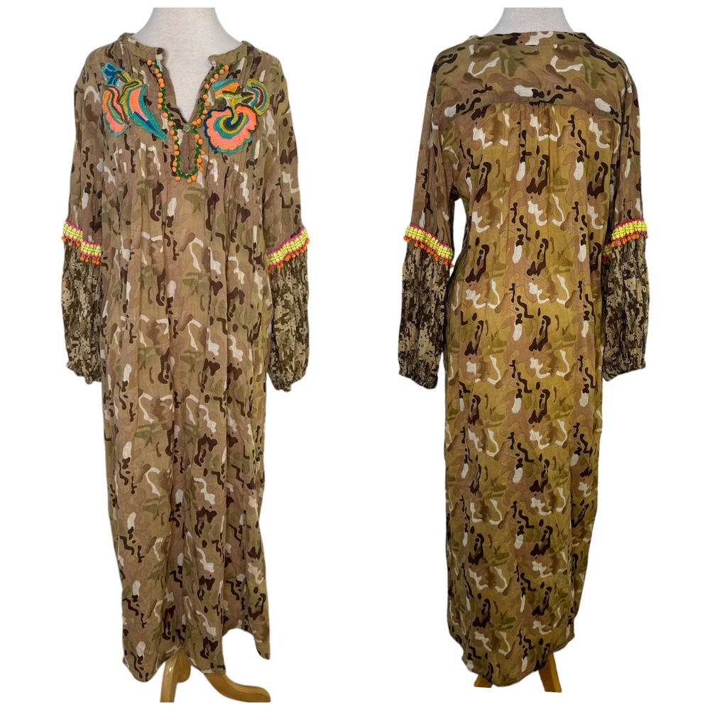 Antica Sartoria Camo Maxi‎ Dress Size M Neon Pom Boho Kaftan Festival Hippie